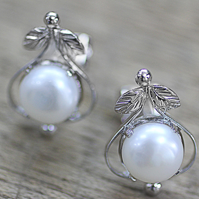 Pearl button earrings, 'Perfect Purity' - Handcrafted Floral Pearl and Sterling Silver Earrings