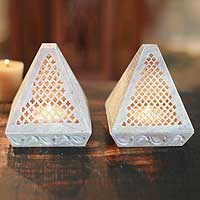 Soapstone candleholders, 'Lace Pyramid' (pair) - Hand Crafted Jali Soapstone Candle Holders (Pair)