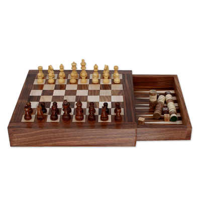 Hand Carved Combination Chess Backgammon Set - Classic | NOVICA