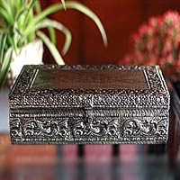 Brass Jewellery box, 'Gleaming Clouds' - Handmade Brass Repousse Jewellery Box