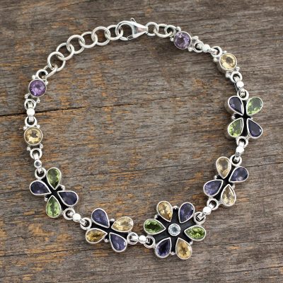 Amethyst and citrine pendant bracelet, 'Daisy Days' - Unique Floral Multigem Bracelet