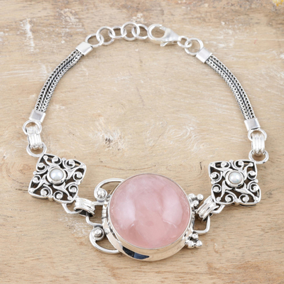 Rose quartz and pearl pendant bracelet, 'Moon Quadrants' - Rose quartz and pearl pendant bracelet