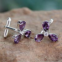 Amethyst cufflinks, 'Bold Lavender' - Amethyst Cufflinks Sterling Silver Cubic Zirconia Jewelry 
