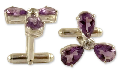 Amethyst cufflinks, 'Bold Lavender' - Amethyst Cufflinks Sterling Silver Cubic Zirconia Jewelry 