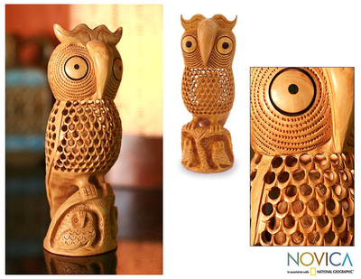 Wood statuette, 'Mother Owl' - Hand Crafted Wood Bird Sculpture