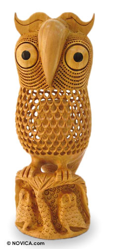 Wood statuette, 'Mother Owl' - Hand Crafted Wood Bird Sculpture