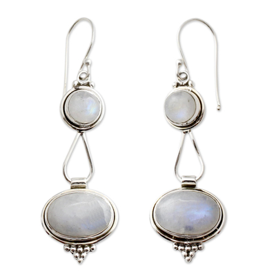 Rainbow moonstone dangle earrings, 'Goddesses' - Rainbow Moonstone Earrings Sterling Silver Handmade