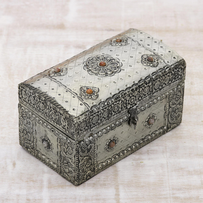 Nickel plated brass Jewellery box, 'Royal Collection' - Handcrafted Repousse Brass Jewellery Box from India