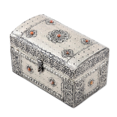 Nickel plated brass jewelry box, 'Royal Collection' - Handcrafted Repousse Brass jewellery Box from India