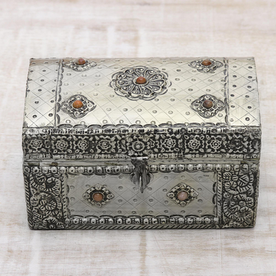 Nickel plated brass jewelry box, 'Royal Collection' - Handcrafted Repousse Brass Jewelry Box from India