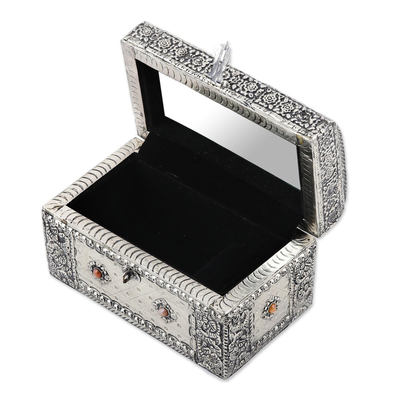 Nickel plated brass jewelry box, 'Royal Collection' - Handcrafted Repousse Brass Jewelry Box from India