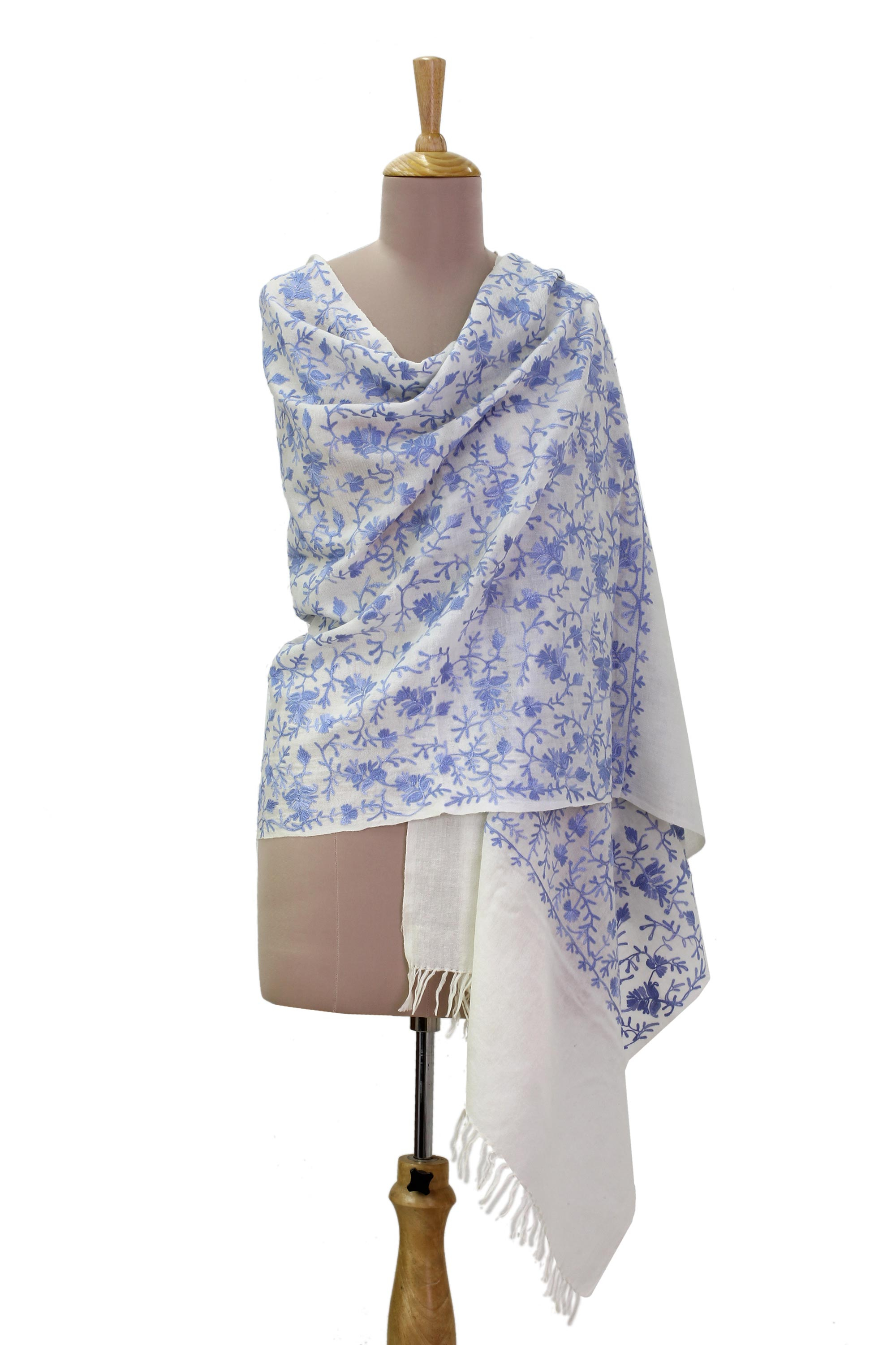 Wool shawl - Blue Flower Breeze | NOVICA