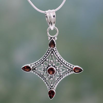 Garnet pendant necklace, 'Jaipur Diamond' - Garnet and Silver Diamond Shaped Pendant Necklace India