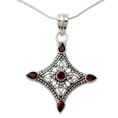 Garnet pendant necklace, 'Jaipur Diamond' - Garnet and Silver Diamond Shaped Pendant Necklace India