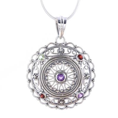 Multi-gemstone pendant necklace, 'Gemstone Mandala' - Hand Crafted Sterling Silver Multigem Pendant Necklace