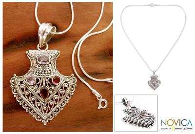 Garnet and amethyst pendant necklace, 'Cupid's Dart' - Garnet and Amethyst Silver Necklace