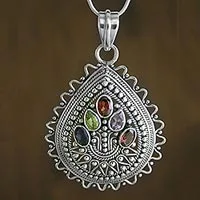 Multi-gemstone pendant necklace, 'Tree of Life' - Handcrafted Sterling Silver Multigem Pendant Necklace