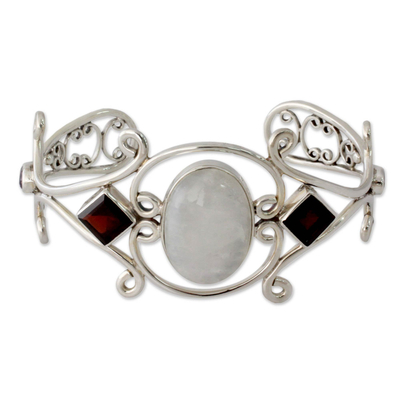 Rainbow moonstone and garnet cuff bracelet, 'Grace' - Moonstone Garnet and Amethyst Sterling Silver Cuff Bracelet