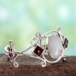 Rainbow moonstone and garnet cuff bracelet, 'Grace' - Moonstone Garnet and Amethyst Sterling Silver Cuff Bracelet