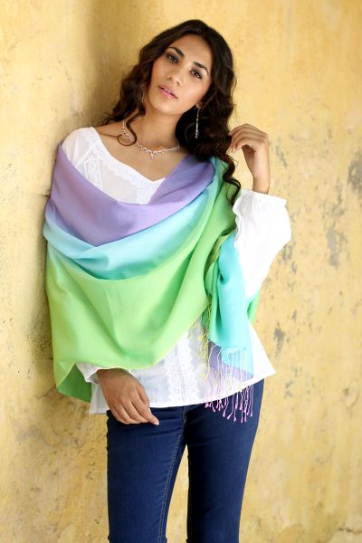 Silk and wool shawl, 'Aqua Rose' - Artisan Crafted Silk Wool Blend Shawl Patterned Wrap