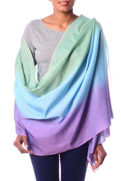 Silk and wool shawl, 'Aqua Rose' - Artisan Crafted Silk Wool Blend Shawl Patterned Wrap