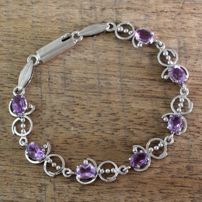 Amethyst link bracelet, 'Song of Joy' - Unique Sterling Silver and Amethyst Bracelet