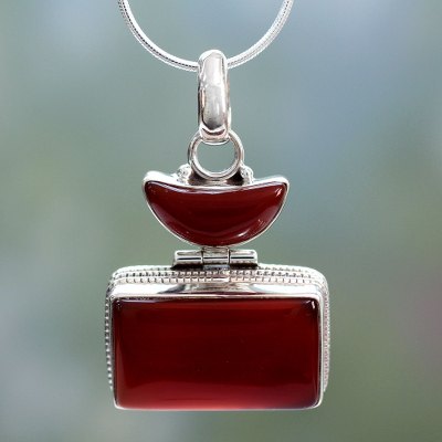 Onyx pendant necklace, 'Red Moon' - Unique Sterling Silver and Onyx Pendant Necklace