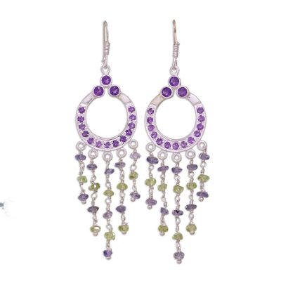 Amethyst and peridot chandelier earrings, 'Waterfall' - Sterling Silver Earirngs with Natural Gemstones