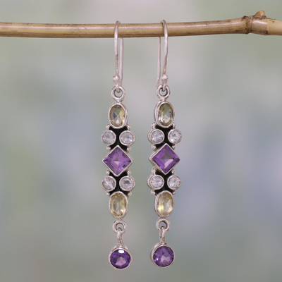 Amethyst and citrine dangle earrings, 'Duchess' - Amethyst and Citrine Earrings Artisan Crafted in India