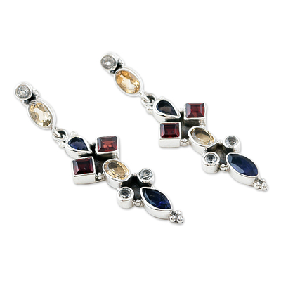Garnet and iolite dangle earrings, 'Regent' - Natural Gemstone Earrings Handmade with Sterling Silver
