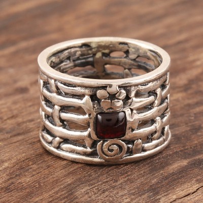 Garnet solitaire ring, 'Woven Myths' - Sterling Silver Single Stone Garnet Ring from India