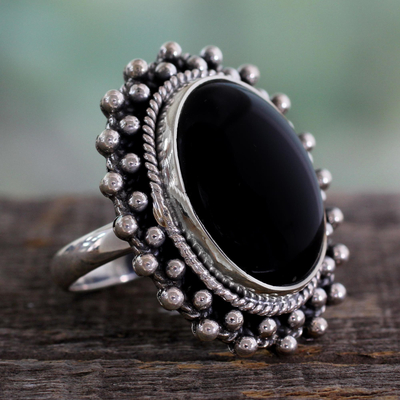 Onyx cocktail ring, 'Moon Halo' - Sterling Silver Cocktail Onyx Ring