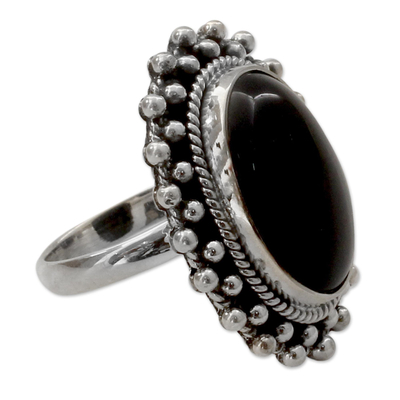 Onyx cocktail ring, 'Moon Halo' - Sterling Silver Cocktail Onyx Ring