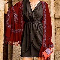 Wool shawl, 'Floral Wine' - Fair Trade Indian Wool Shawl