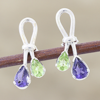 Iolite and peridot button earrings, 'Promise' - Iolite and Peridot Earrings Sterling Silver Jewellery
