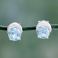 Blue topaz stud earrings, 'Twinkling Moons'