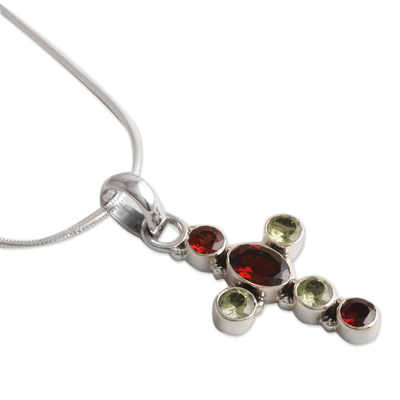 Garnet and peridot cross necklace, 'Harmonious' -  Peridot and Garnet Sterling Silver Necklaced Cross Jewellery