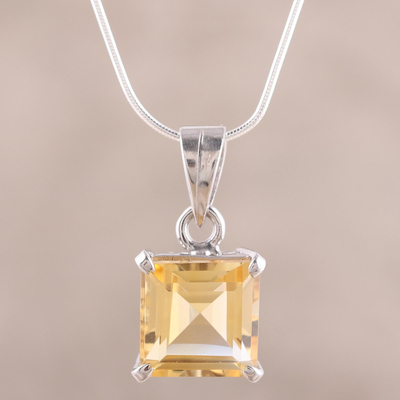 Rhodium plated citrine pendant necklace, 'Summer Waltz' - 15-Carat Rhodium Plated Citrine Pendant Necklace from India