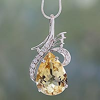 Citrine pendant necklace, 'Precious Teardrop' - Citrine and Sterling Silver Pendant Necklace from India
