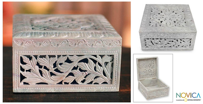 Soapstone Jewellery box, 'Floral Garland' - Hand Carved Jali Jewellery Box from India