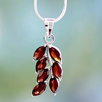 Garnet flower necklace, 'Scarlet Blaze' - Garnet Leaf Drop Necklace from India