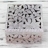 Soapstone Jewellery box, 'White Ivy' - Artisan Crafted Soapstone Jali Jewellery Box