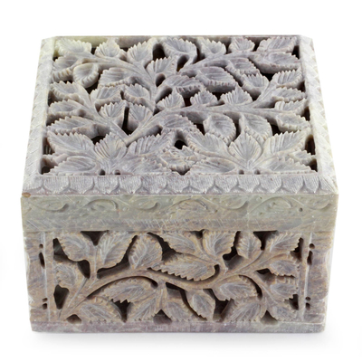 Soapstone jewelry box, 'White Ivy' - Artisan Crafted Soapstone Jali jewellery Box