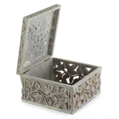 Soapstone Jewellery box, 'White Ivy' - Artisan Crafted Soapstone Jali Jewellery Box