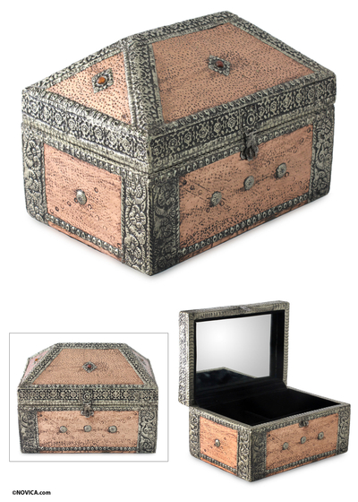 Brass jewelry box, 'Palatial' - Repousse Mango Wood Jewelry Box