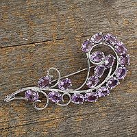 Amethyst brooch pin, 'Purple Paisley' - Floral Sterling Silver Amethyst Brooch Pin Indian Jewelry