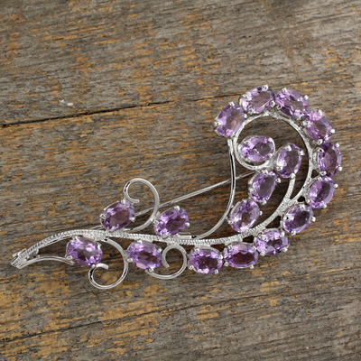 Amethyst brooch pin, 'Purple Paisley' - Floral Sterling Silver Amethyst Brooch Pin Indian Jewelry