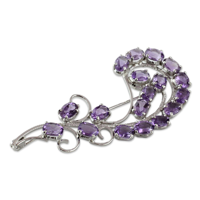 Amethyst brooch pin, 'Purple Paisley' - Floral Sterling Silver Amethyst Brooch Pin Indian Jewelry
