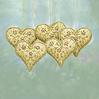 Beaded ornaments, 'Floral Heart' (set of 5) - Heart Shaped Beaded Tree Ornaments from India (Set of 5)