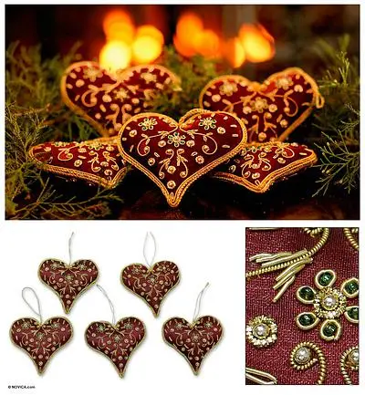 Beaded ornaments, 'Burgundy Heart' (set of 5) - Red Hand Crafted Beaded Heart Ornaments (Set of 5)